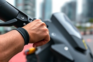 Rider's hand on electric motorcycle handlebars, city background.