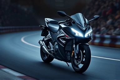 Modern Honda CBR500R motorcycle with digital feature graphics.