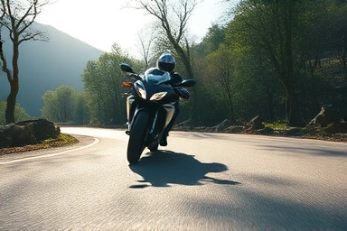 Motorcycle leaning into a sharp mountain road curve