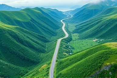 Aerial view of a scenic winding mountain road