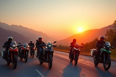 Adventure motorcycles on mountain road at sunrise, symbolizing exploration.