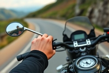 Rider's hands on adventure motorcycle handlebars, focus on connection.