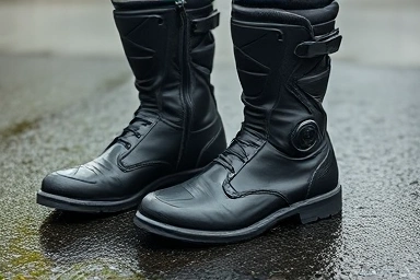 Close-up of waterproof motorcycle riding boots, durable and protective