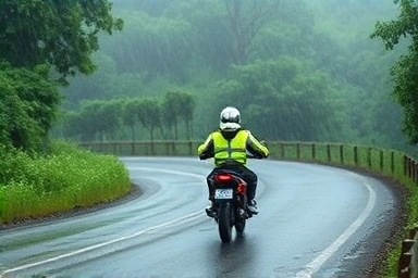 Motorcyclist riding in gentle monsoon rain, wearing waterproof gear.