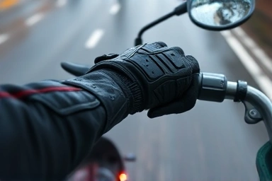 Close-up of motorcyclist's gloved hand on wet handlebars.
