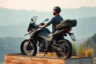 Motorcycle camping with minimalist gear and scenic mountain view.
