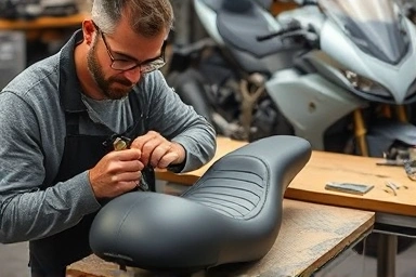 Craftsman customizing a motorcycle seat, focusing on ergonomics and materials.