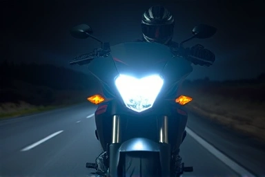 Motorcycle LED headlights illuminating a dark road at night