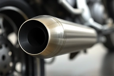 Close-up of a motorcycle's slip-on muffler, showcasing quality.