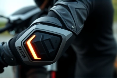 Motorcycle protector on rider's arm, emphasizing safety and advanced design.