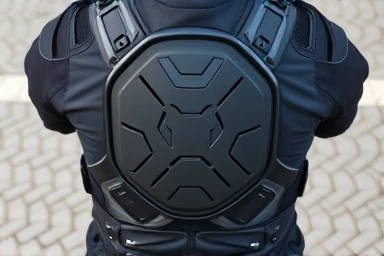 Rider's back with integrated CE-rated back protector, symbolizing comprehensive safety.