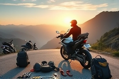 Motorcyclist prepares for solo tour emergency on remote road.