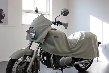 Motorcycle in winter storage, protected and ready.