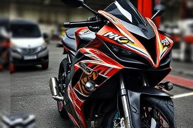 Motorcycle wrap with detailed design and glossy finish.