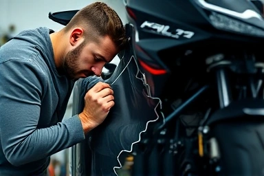 Technician expertly applying motorcycle wrap to curved surface.