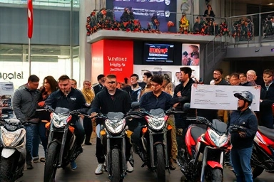 Excited people viewing motorcycles in a festive showroom.