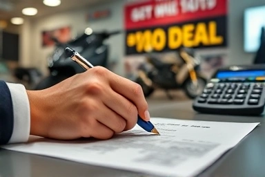 Signing a motorcycle purchase contract with savings.