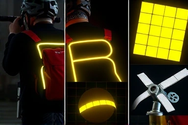 Close-up of reflective stickers on bicycle and gear