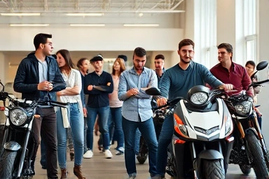 Young riders choosing beginner motorcycles in a showroom.