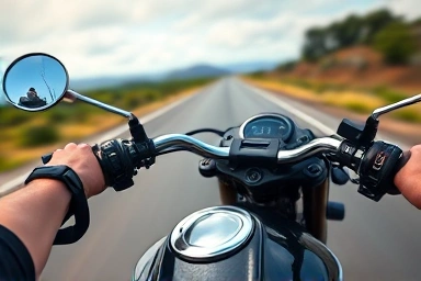 Rider's hands on motorcycle handlebars, open road ahead.