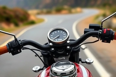 Custom scrambler motorcycle handlebars with vintage details.