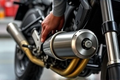 Mechanic installing aftermarket exhaust on a scrambler motorcycle.