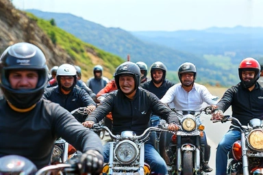 Motorcyclists communicating on a scenic highway
