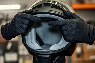 Motorcycle helmet custom fitting process, expert hands adjusting padding.