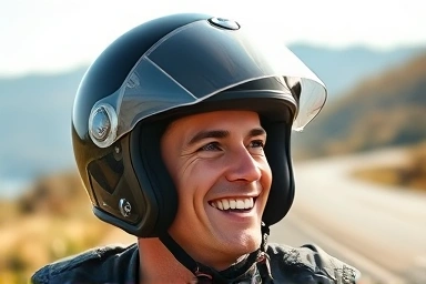 Rider with perfectly fitted helmet, enjoying safe and comfortable ride.