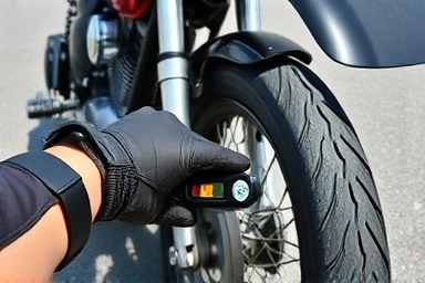 Rider checking Super Cub 110 tire pressure with gauge