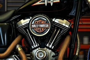 Vintage Harley-Davidson engine in a classic garage.