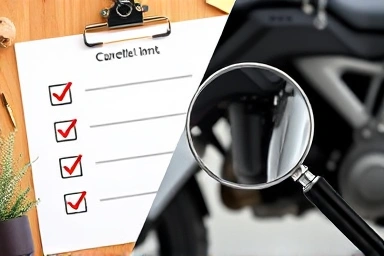 Motorcycle inspection checklist and magnifying glass.