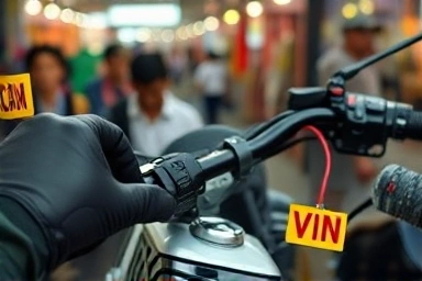 Inspecting VIN number on used motorcycle frame for safety.