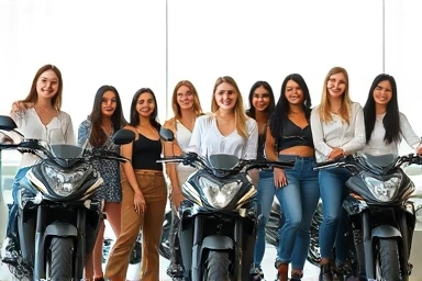 Women confidently posing with beginner-friendly motorcycles.