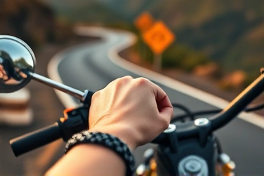 Woman's hand on motorcycle handlebar, symbolizing freedom.