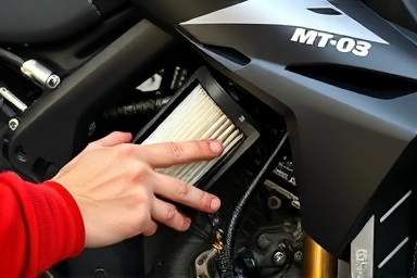 Motorcyclist performing DIY air filter replacement on Yamaha MT-03.
