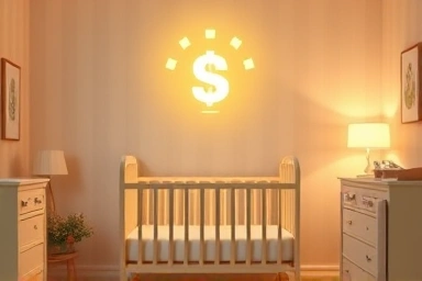 Nursery with glowing financial support icon, symbolizing new baby benefits.