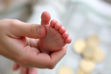 Parent holding baby's foot with blurred financial symbols in background.