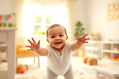 Happy baby in a bright nursery, symbolizing child growth and support.
