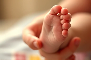 Newborn baby's foot held gently in hand, symbolizing support and care.