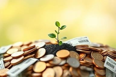 Financial growth and nurturing symbolized by a seedling from coins and vouchers.