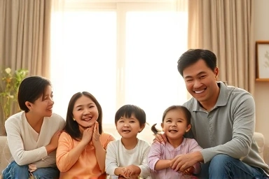Happy Korean family benefiting from childcare support.