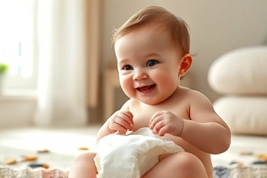 Happy baby with diaper, symbolizing childcare support.
