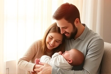 Joyful family with newborn baby, peaceful atmosphere, parental love.
