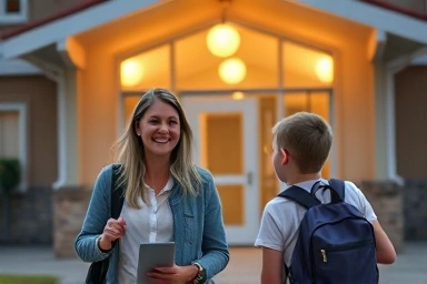 Parent picking up child from extended school care, symbolizing work-life balance.