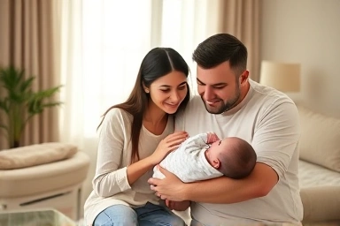 Happy family with newborn, cozy living room, electricity bill relief