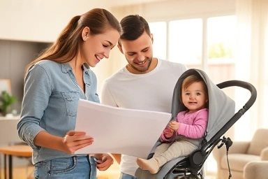 Couple celebrating new home with baby