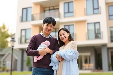 Couple with newborn celebrating new home ownership