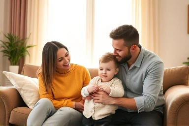 Happy family receiving government support for childcare.