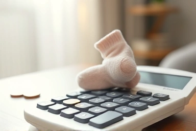 Calculator, baby sock, coins, financial planning, parental support